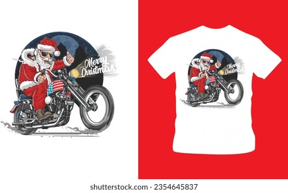 santa claus christmas usa america tour biker motorcycle, motorbike, cooper vector illustration t-shirt design editable template  