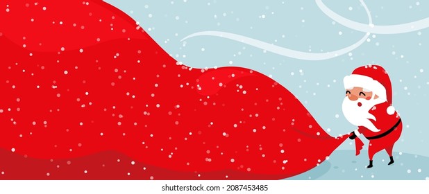 Santa claus christmas vector background with huge gift bag and snowfall. Joy funny xmas mood design concept in simple flat style. Copy space at left side.