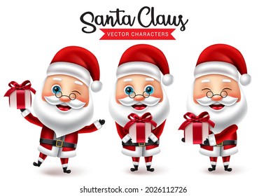 Santa claus christmas vector characters set. Santa character in cute and happy gift giving facial expression for xmas holiday 3d collection elements design. Vector illustration
