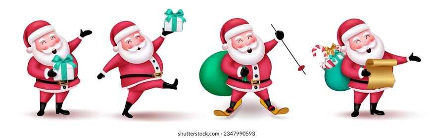 Santa claus christmas vector set design. Christmas santa claus characters in standing, skating and holding gift for xmas season cartoon collection. Vector illustration santa claus character collection