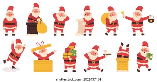 Santa Claus Christmas winter holiday cute character. Santa mascots carrying gifts, skates, climbs chimney vector illustration set. Xmas funny Santa Claus characters with big sack of presents