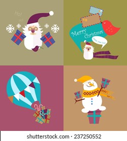 Santa Claus with Christmas wishes and gifts. Letter to Santa, cheerful snowman sitting on gifts, balloon with gifts. Icon Set. Illustration.