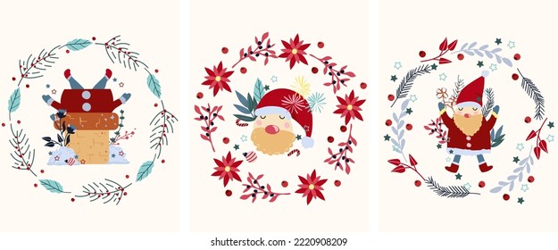 Santa Claus in Christmas wreath, Santa Claus climbed into the chimney, Santa head, bright flowers, colorful leaves and other. Concept Christmas and New Year. Vector.