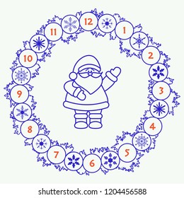 Santa Claus and Christmas wreath with fir branches, snowflakes. New year and christmas symbols. Happy New Year 2019 card.