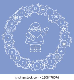 Santa Claus and Christmas wreath with fir branches, snowflakes. New year and christmas symbols. Happy New Year 2019 card.