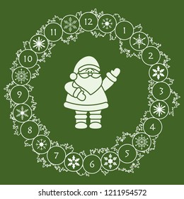 Santa Claus and Christmas wreath with fir branches, snowflakes. New year and christmas symbols. Happy New Year 2019 card.