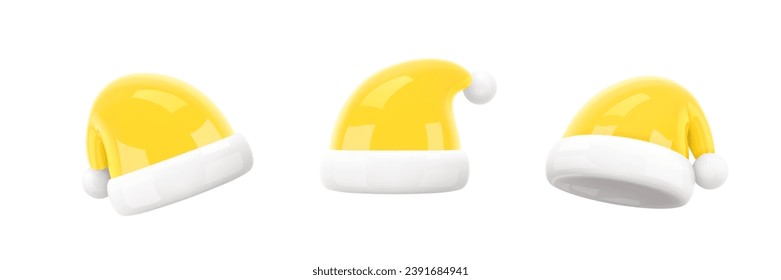 Santa Claus Christmas Yellow Hat Set. Christmas and New Year element of traditional costume. Realistic 3d mocup design element in cartoon style. Icons isolated on white. 3D Vector illustration