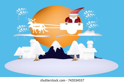 Santa Claus in Christmas's day vector, Moon and clouds background with blue sky background