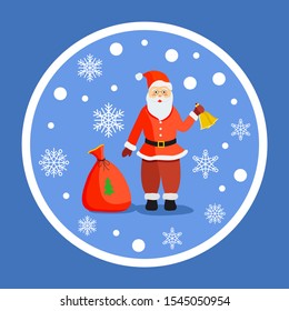 Santa Claus in circle, isolated winter character wearing traditional red costume and hat. Personage with bag and pine tree print. Male with bell decorated with ribbons, snowing weather vector