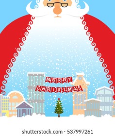 Santa Claus in city. Christmas in town. Snow and buildings. New Year card. Xmas template design