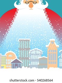 Santa Claus in city. Christmas in town. Snow and buildings. New Year card. Xmas template design
