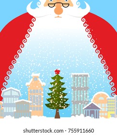 Santa Claus in city. Christmas in town. Snow and buildings. New Year card. Xmas template design