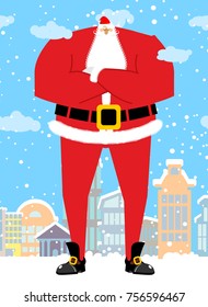 Santa Claus in city. Christmas in town. Snow and buildings. New Year card. Xmas template design