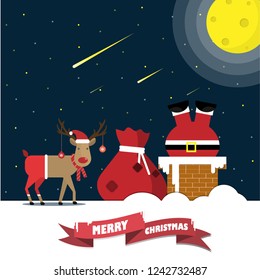 Santa Claus climbed down the chimney with gift bags and reindeer on the roof at night.