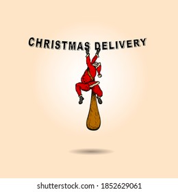 Santa Claus climbing with a bagful of gifts for the concept of Christmas delivery. Hand drawn vector illustration.