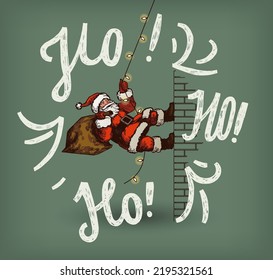Santa Claus climbing garland with a sack of presents on a brick wall of a building. Vintage ho-ho-ho Christmas card.
