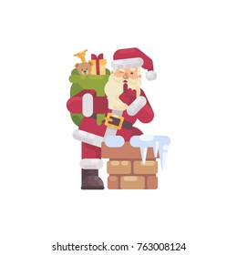 Santa Claus climbing into the chimney with a bag of presents. Christmas character flat illustration