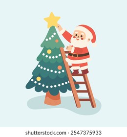 Santa Claus Climbing Ladder to Place Star on Christmas Tree – Festive Holiday Scene, Christmas Spirit, Santa Decorating Tree, Christmas Poster Illustration