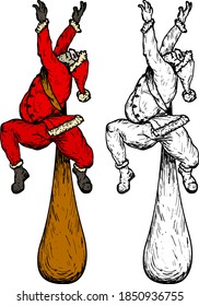 Santa Claus climbing on an overhang with a sackful of Christmas gifts. Hand drawn vector illustration.