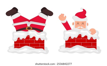 Santa Claus subiendo y bajando de una chimenea en estilo de dibujos animados