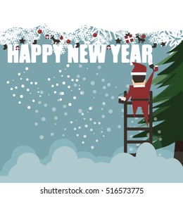 Santa claus climbing to paint and decorate for Happy New Year on blue sky background,flat vector design.