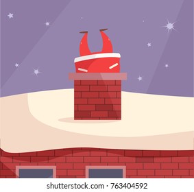 Santa Claus Climbs The Chimney From The Fireplace.