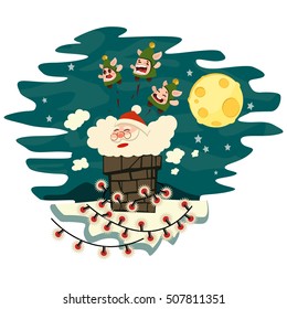 Santa Claus climbs down the chimney. Vector illustration.