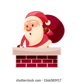Santa Claus climbs into the chimney. Vector illustration in cartoon style. Isolated over white background.