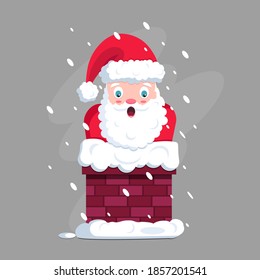 Santa Claus climbs into the fireplace to put presents under the tree. Holiday and christmas concept. Childrens vector illustration in flat cartoon style
