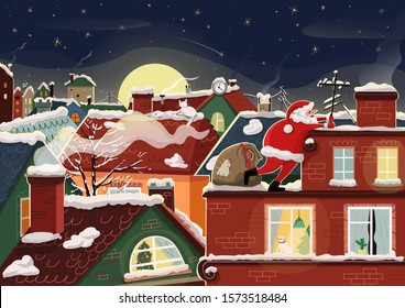 Santa Claus climbs on the roof to the chimney to put Christmas gifts against the winter night snowy city background. Merry Christmas and New Year greeting card. Vector illustration.