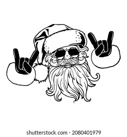 Clásico de Santa Claus. Ilustración vectorial dibujada a mano blanca y negra aislada. Genial santa claus en gafas de sol. Papá Noel muestra sus dedos frescos