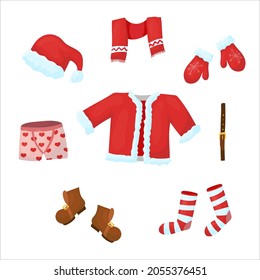 Santa Claus clothes. Bright suit. Christmas decor in cartoon style. Vector illustration isolated on white background.