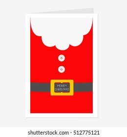 Santa Claus Coat. Beard, fur, button and yellow belt. Big Merry Christmas text Greeting card. Red background. Flat design. Vector illustration