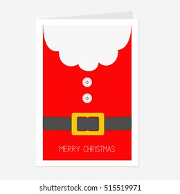 Santa Claus Coat with beard, fur, button and yellow belt. Big Merry Christmas greeting card. Red background. Flat design. Vector illustration