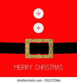 Santa Claus Coat with fur, buttons.  Gold glitter belt. Merry Christmas background card Flat design Vector illustration