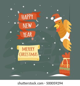 Santa Claus Cock Happy New Year Merry Christmas Greeting Card Template Cartoon Vector Illustration