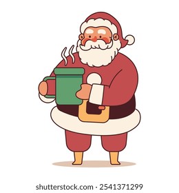 Santa Claus with coffee mug vector Christmas cartoon character isolated on a white background.