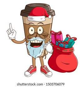 Santa claus of coffee paper cup cartoon character carry a bag full of gift box with funny smile face