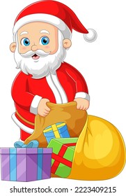 The Santa claus is collecting gifts in sack to take them at night while smiling of illustration
