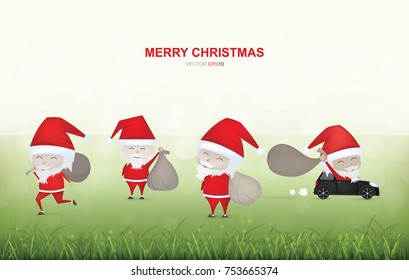 Santa Claus Collection with background of green field area and light blurred bokeh background. Background for christmas template idea. Vector illustration.
