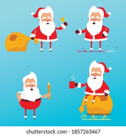 Santa Claus collection of Christmas. Characters cute flat. Funny cartoon character with different emotions. Santa Claus ready new year.