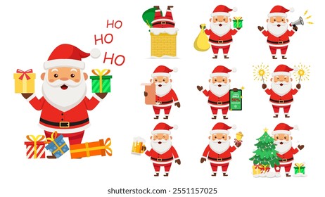 Santa Claus collection. Christmas cute character set. Faces and full body. Various view, Different emotion, Xmas red clothes, Animation, Pose, Gesture. Design style isolated vector flat illustration.