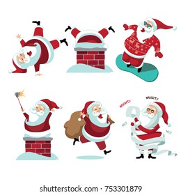 Santa Claus collection. delivering gifts. Christmas illustration of group of Santa Claus in winter climate. EPS 10 vector.