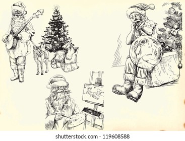 Santa Claus collection. Description: Vector hand drawn illustrations. Collection of drawings (each on a separate layer) on vintage paper in yellow color (the paper is separated in the lower layer).