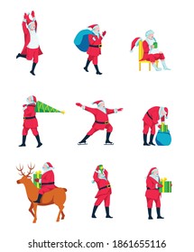 Santa Claus Collection. Funny Christmas character delivering gift and celebrating holidays, Merry Christmas and Happy New Year concept cartoon vector illustration