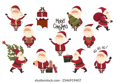 Colección de Papá Noel. Conjunto de personajes de vacaciones. Papá Noel con un árbol de Navidad, guirnalda, regalos, carta. Felices Navidades y Feliz Año Nuevo. Ilustración vectorial.