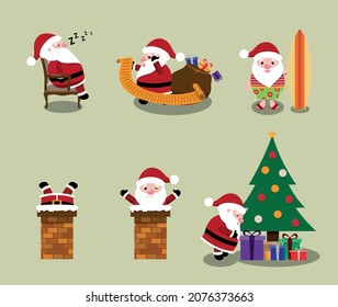 
Colección de Papá Noel, Papá Noel durmiendo, leyendo la lista de nombres, Papá Noel en el verano sosteniendo su tabla de surf, bajando la chimenea, poniendo regalos en el árbol de Navidad.