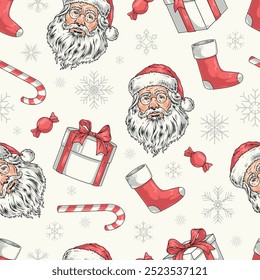 Santa Claus colorful pattern seamless with face of Christmas wizard and holiday gifts near striped candy cane vector illustration