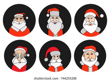 Santa Claus colorful round icons set. Old man with White Beard in Santa Cap. Digital background vector illustration.