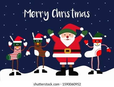 Santa Claus and colorful socks in  Christmas season., Background with cute cartoon. illustration and vector for Greeting card and poster.